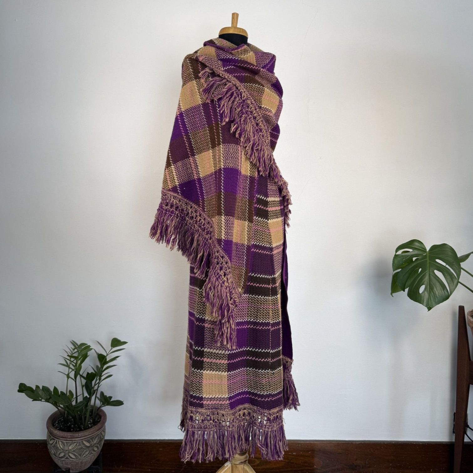 Vintage Sant’angelo 70s Plaid Knit Maxi Skirt & Fringe Shawl 2-Piece Set